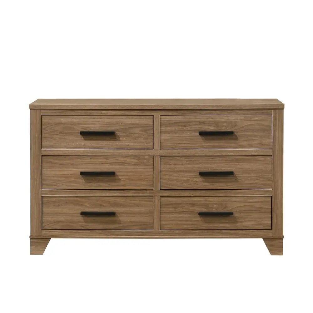 

//1pc Walnut Color Six Drawers Dresser Black Bar Pulls Transitional Style Bedroom Metal Center Glide