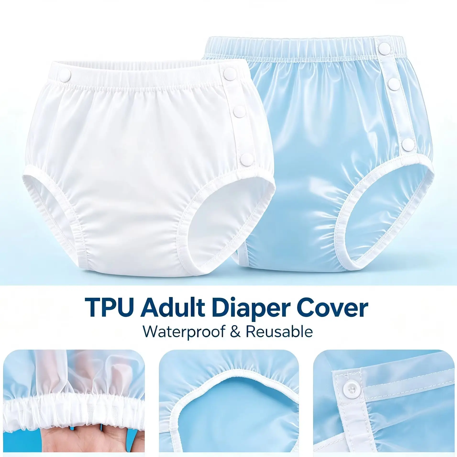 Reusable Adult Diaper Cover Matte Waterproof Single Layer Double Snap TPU Easy On Off Leakproof Incontinence Nappy Wrap Pants