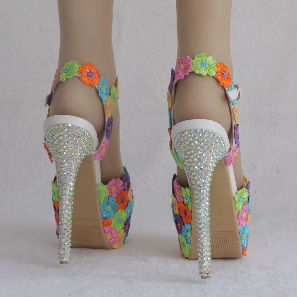 Spring and summer round toe pearl rhinestone lace waterproof table wedding shoes banquet large size high-heeled women's sandals