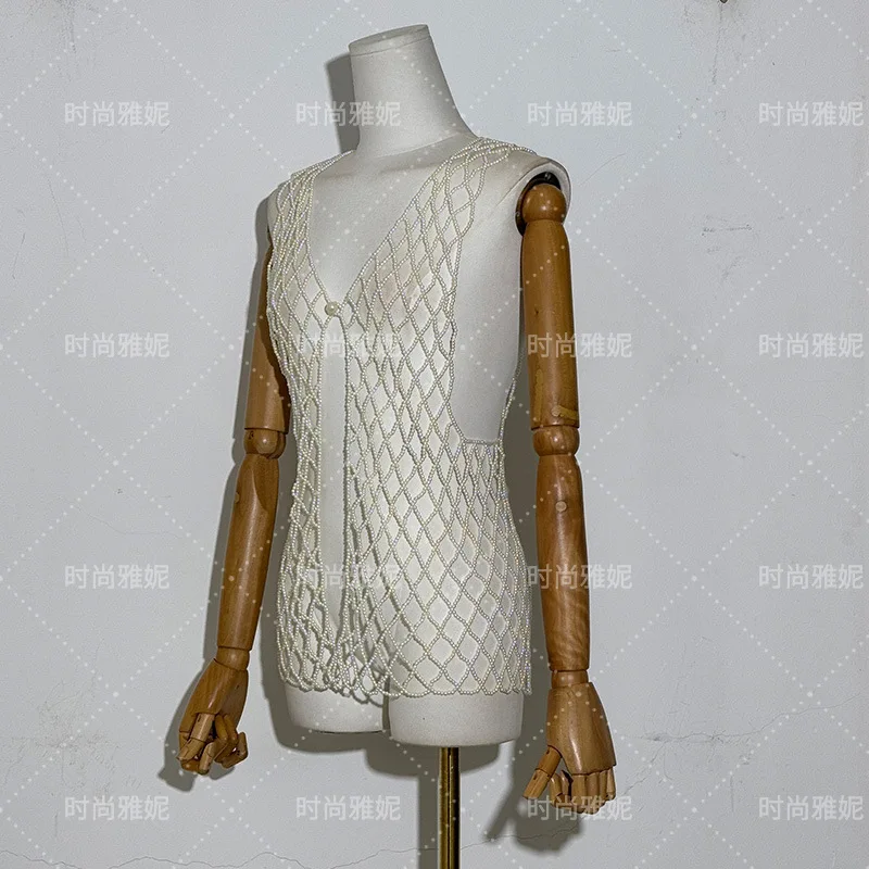 Elegant Fashion Pure Handmade Pearl Coverup Party Bikini Beach Knitting Vest Hollow Out Vest Jacket Bra Beaded Decoration