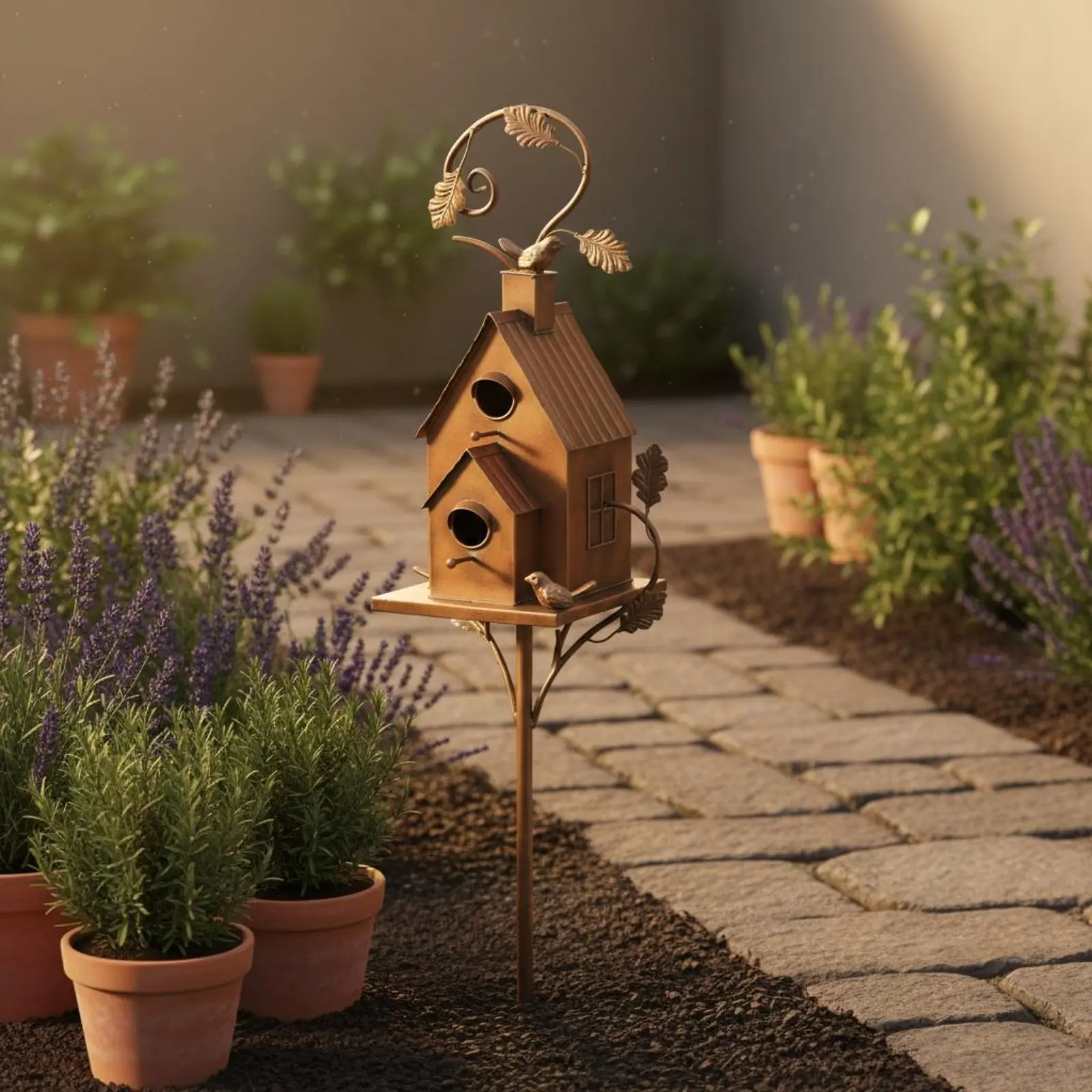 Metal Birdhouse Feeder Rust Resistant Birdhouse Garden Stake Metal Bird Feeder Stake Antique Look Outdoor Decor for Yard