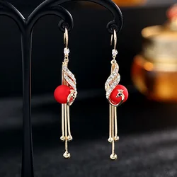 Elegant Fashion Peacock Full Rhinestone Tassel Pendant Earrings for Women Fairy Red Simulated-pearl Earrings Pendientes Mujer