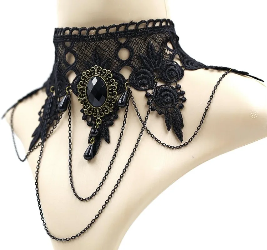 1pc Elegant Vintage Princess Black Lace Gothic Statement Necklace Bracelet Victorian Lolita Choker Pendant Vampire Chain Party