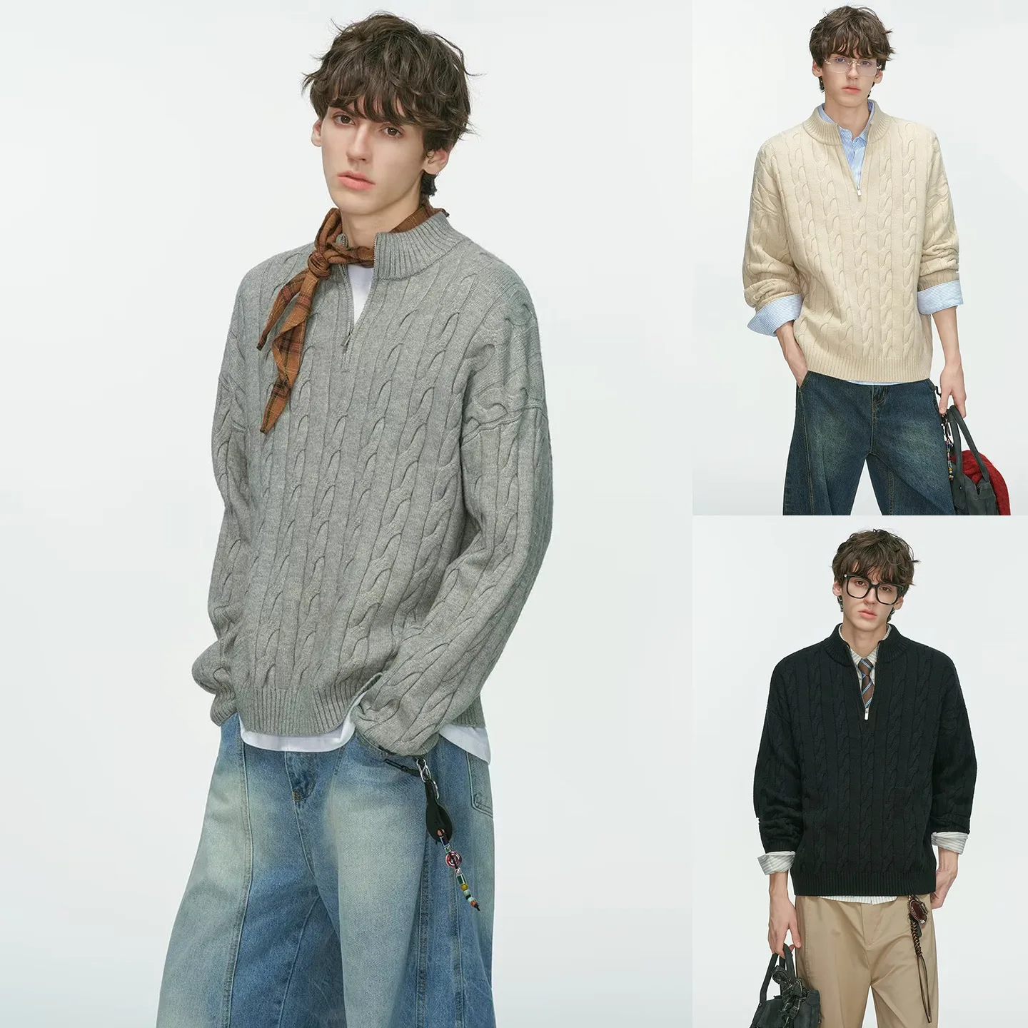 Half-zipper knitted sweater men's twist stand-up collar autumn and winter with light luxury style business leisure