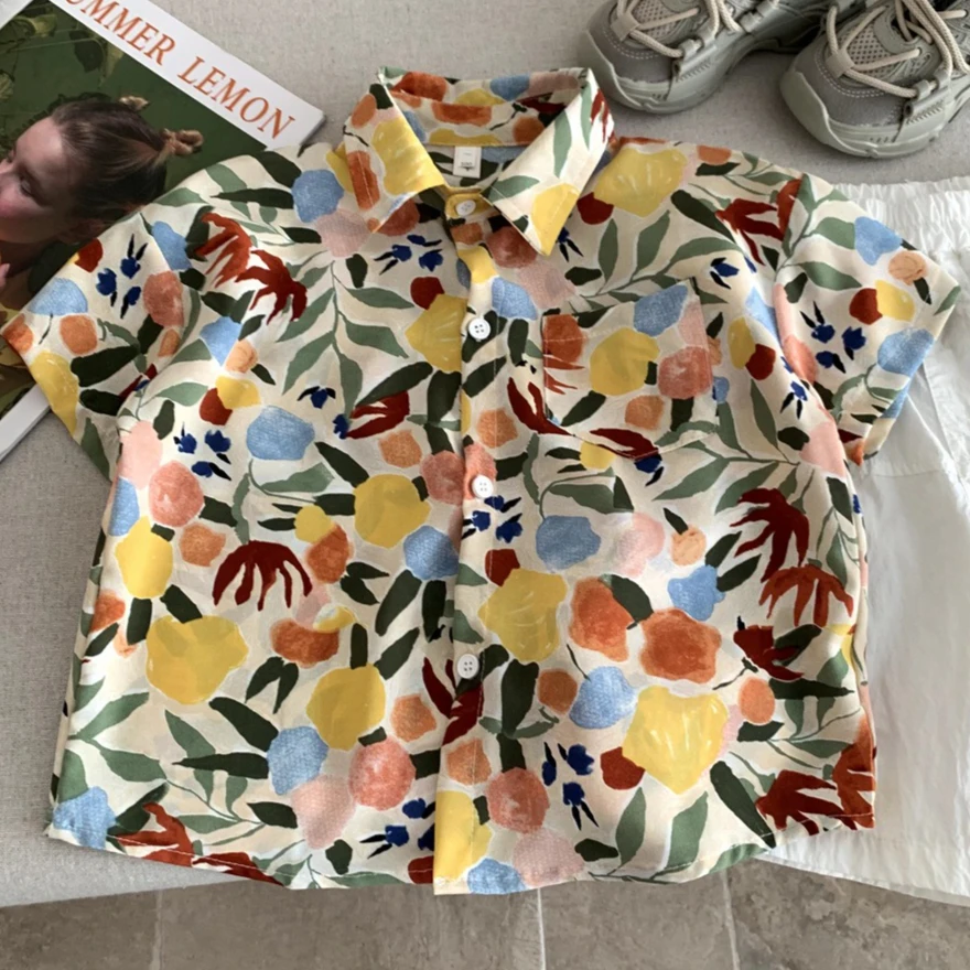 Boys Shirt 2026 Spring and Summer New Children's Clothing Korean Style Boy Baby Fashion Beach Cartoon Full Printed Shirt