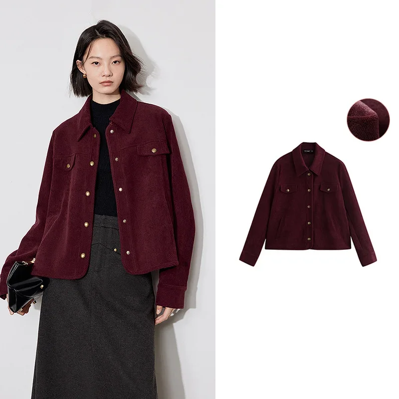 

Women Corduroy Jacket 2025 Winter Long Sleeves Polo Neck Coat Plush Thicken Metal Buttons Outwear Coat