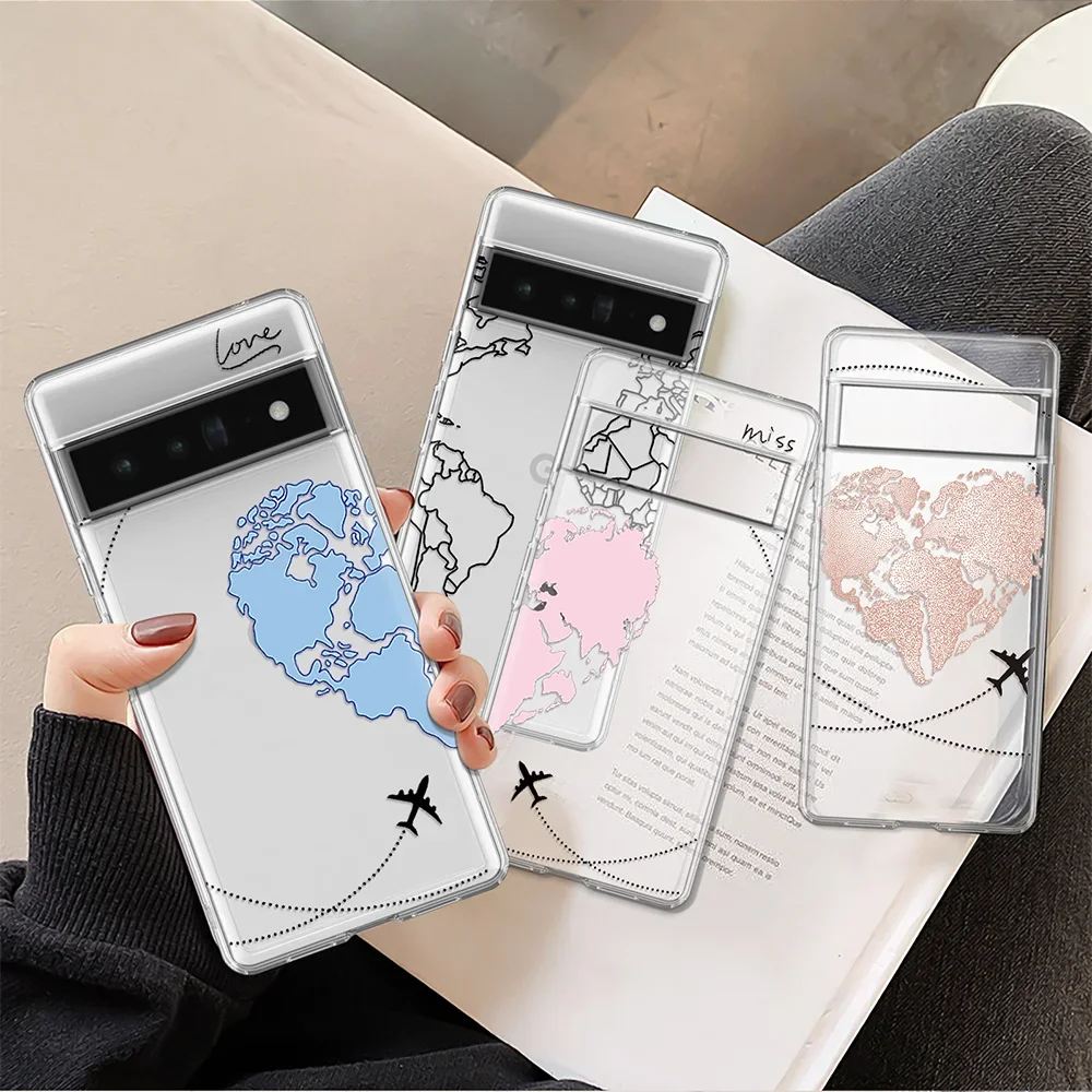 

Airplane Love Map Travel Case for Pixel 8 Pro 6 7 Pro 6a 6Pro 3 3a Soft TPU Back Shell Cover for Google 4 4a 5 5a 5G XL Fundas