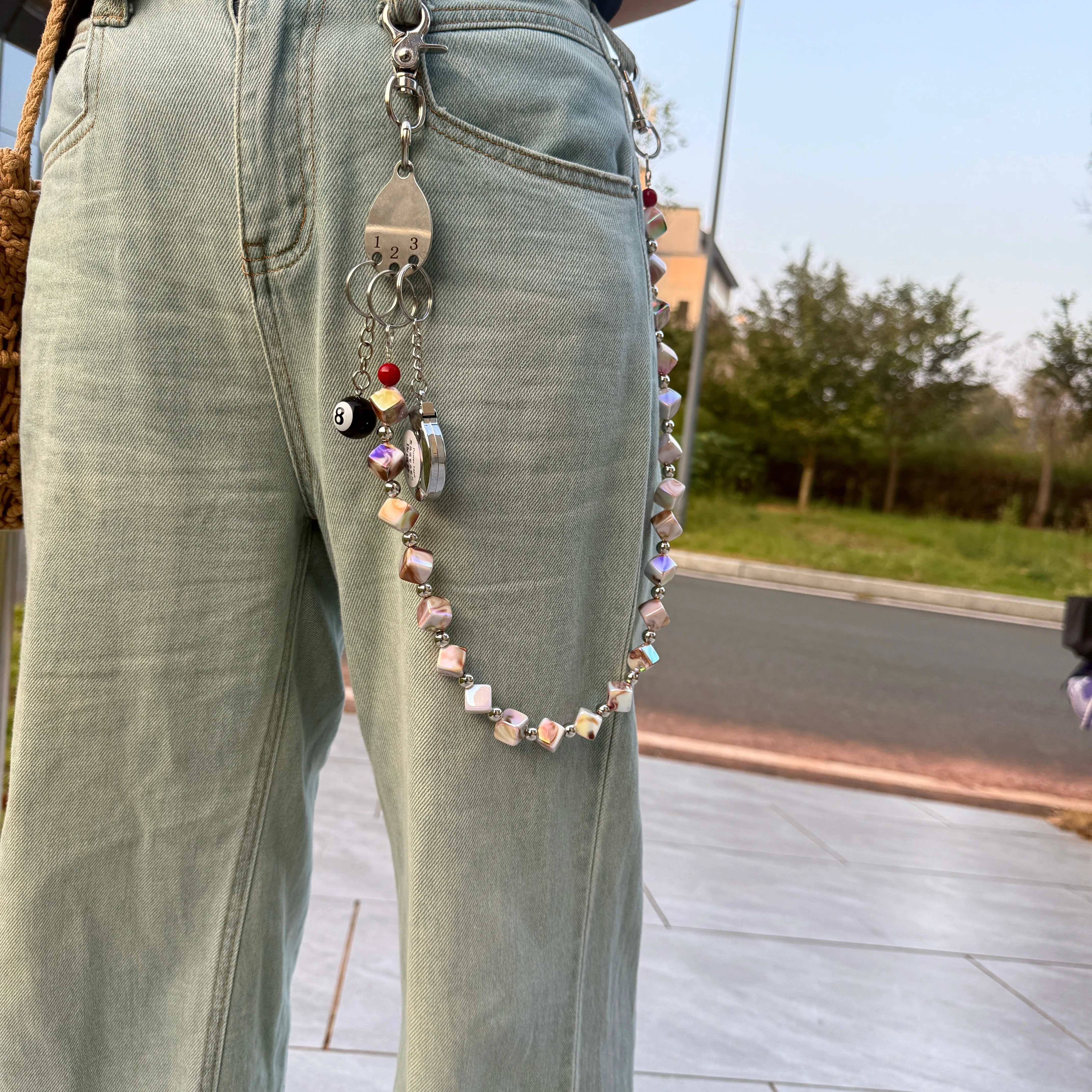 

Original Punk Style Jeans Trouser Chain Two-Color Wide Square Beads Unique Niche Design Unisex Wear Accessories Waist Pendant