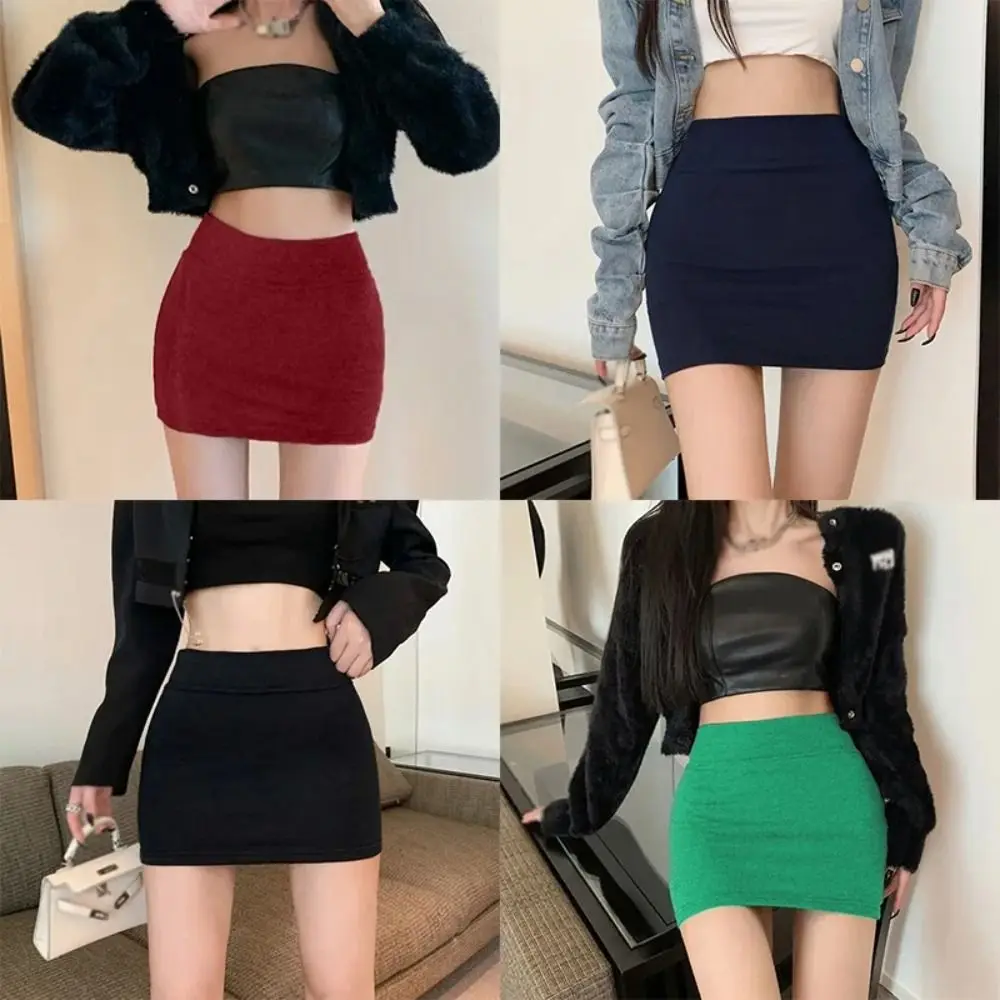 New Versatile High Waist Skirt Solid Color Women a-line Elegant Mini Skirt All-match Chic Elastic Hip Wrap Skirt