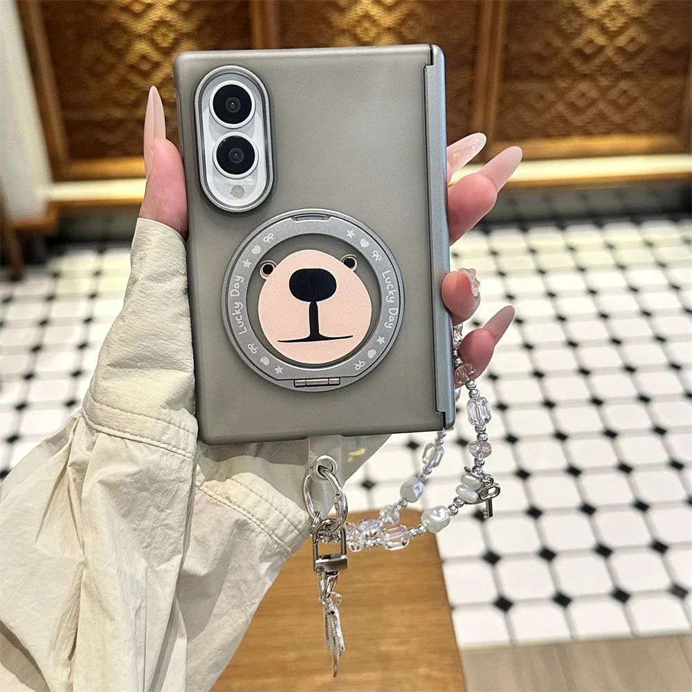 Korea Cute Cartoon Phone Case For Samsung Galaxy Z Fold 8 Ultra Z Fold7 Z Fold6 Magnetic Rotate Stand Fold Cover With Chain