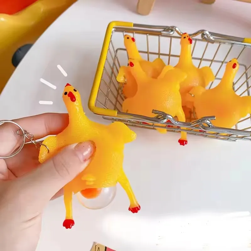 Funny Mini Chicken Keychain Squeezable TPU Egg-Laying Duck Toy Creative Novelty Key Ring Humorous Gag Gift Yellow