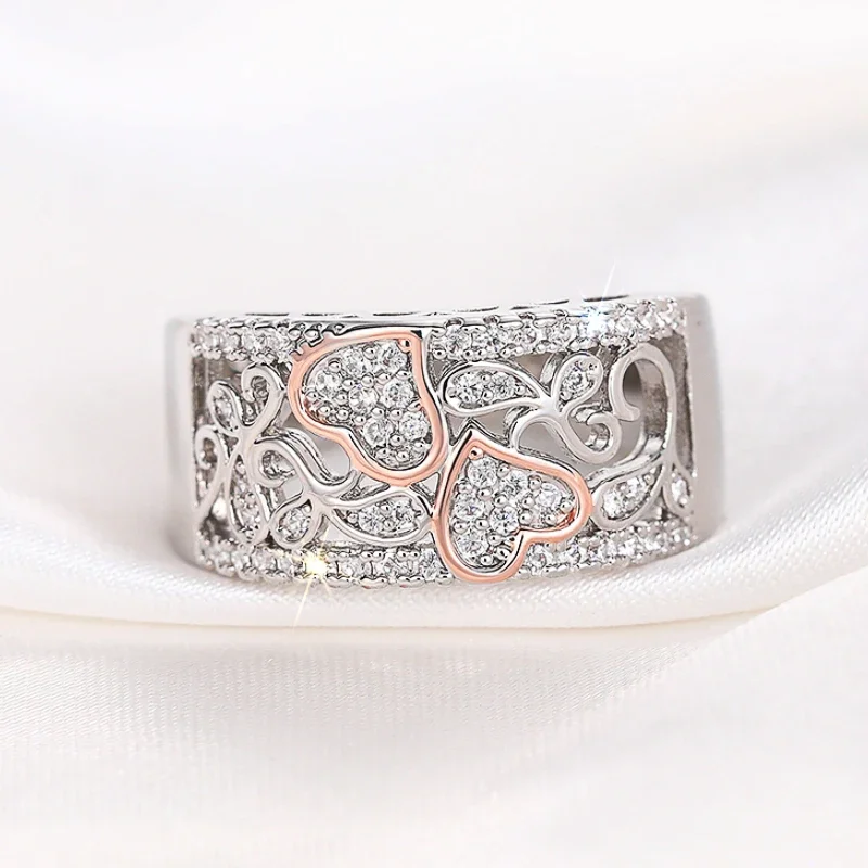Huitan Unique Design Double Heart Two Tone Rings Women for Engagement Wedding Gorgeous Brilliant CZ Rings Luxury Trendy Jewelry