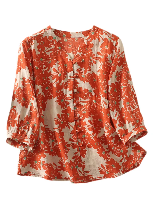 Casual V-Ne Printed irt Loose Fit Five-Quarter Sve Single Button Women's plus Size Summer Cardigan Artistic Holiday Sle