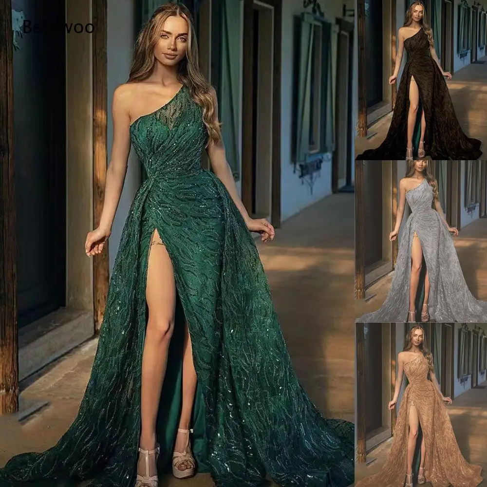 Damen Einschultriges Glitzer-Spitzen-Maxikleid mit Hohem Schlitz und Schleppe für Formelle Abendveranstaltungen und Hochzeiten