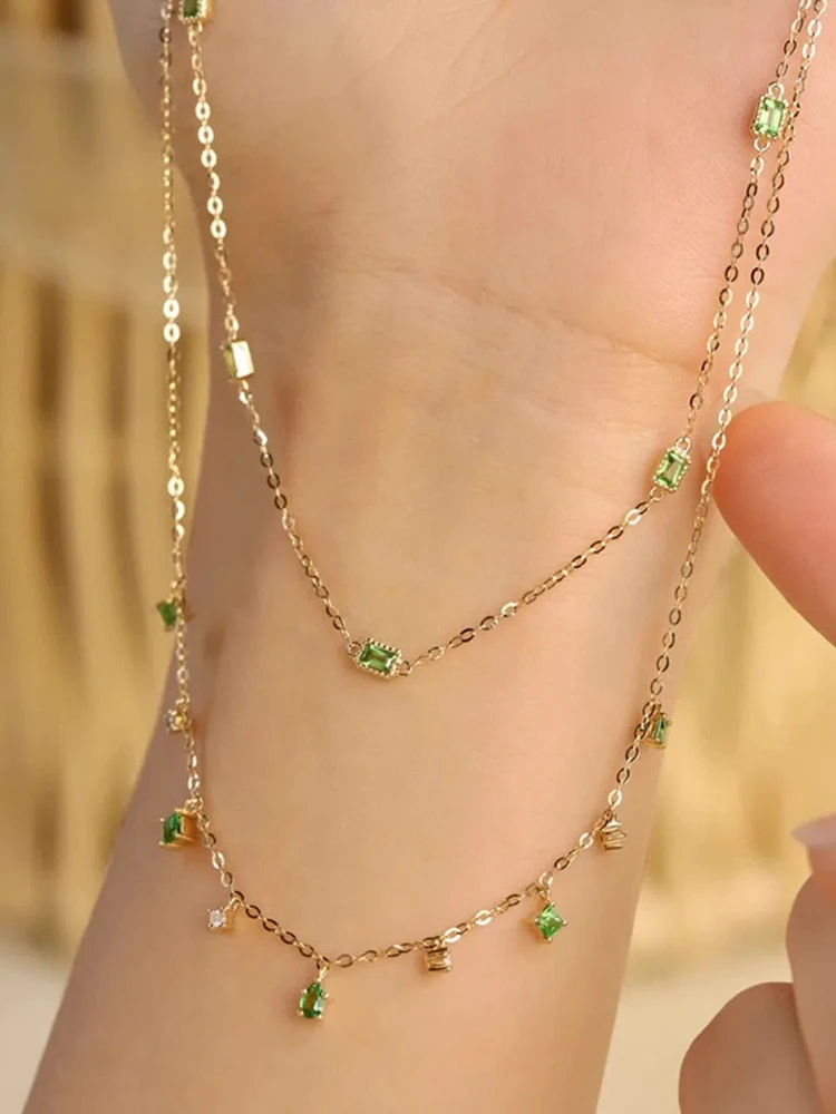 

S925 Sterling Silver Women's Green Zircon Double Layer Necklace French Jewellery for Women Daily Wear Holiday Party Gifts