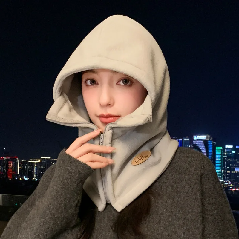 Fleece Hooded Neck Warmer Zipper Balaclava Hat Leather Label Decor Wind‑Proof Integrated Hood Scarf for Cold Winter Outdoor Wear