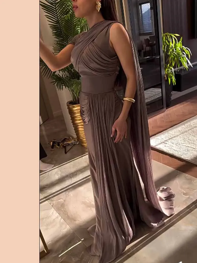 Femmes élégantes plissées irrégulière robe Maxi Chic Patchwork sans manches ruban Satin soirée robe de bal 2025 tempérament robe longue