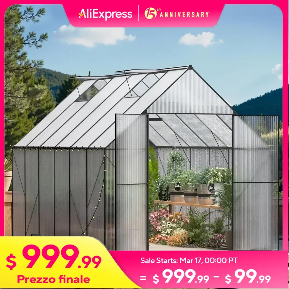 8x12 FT Greenhouse with Roof Vent, Large Walk-in Aluminum Hot House, Outdoor Heavy Duty Polycarbonate Greenhouse