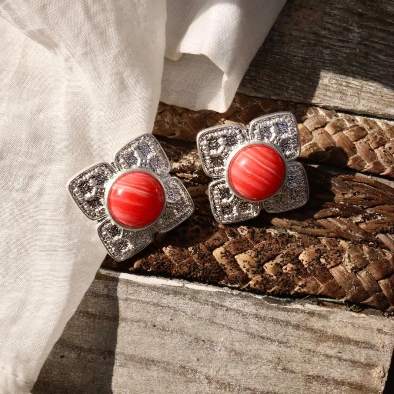Vintage Light Luxury High-end Earrings, Red Stone Four-leaf Clover Flower Stud Earrings, Earrings for Women