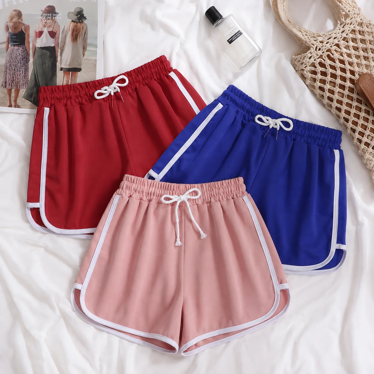 Women's Summer Textured Sports Shorts Elastic Waist Drawstring Breathable Relaxed Fit Running Beach Casual Lounge Short Pants