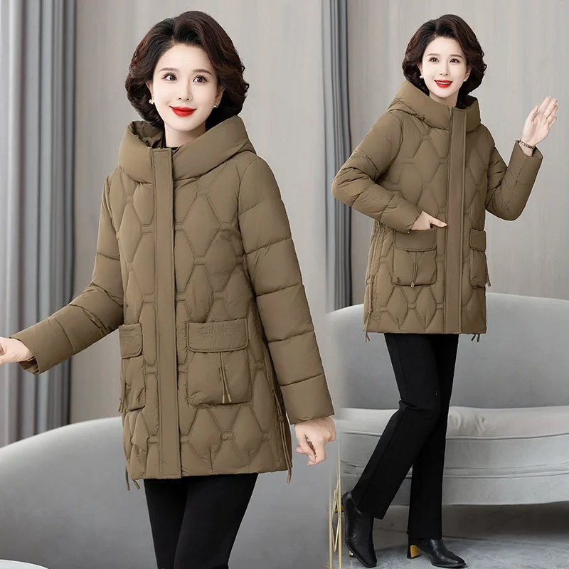 2024 Women Jacket Loose Down Cotton Coats Parkas Casual Warm Outerwear Hooded Winter Jacket Oversize Middle aged Female Overcoat