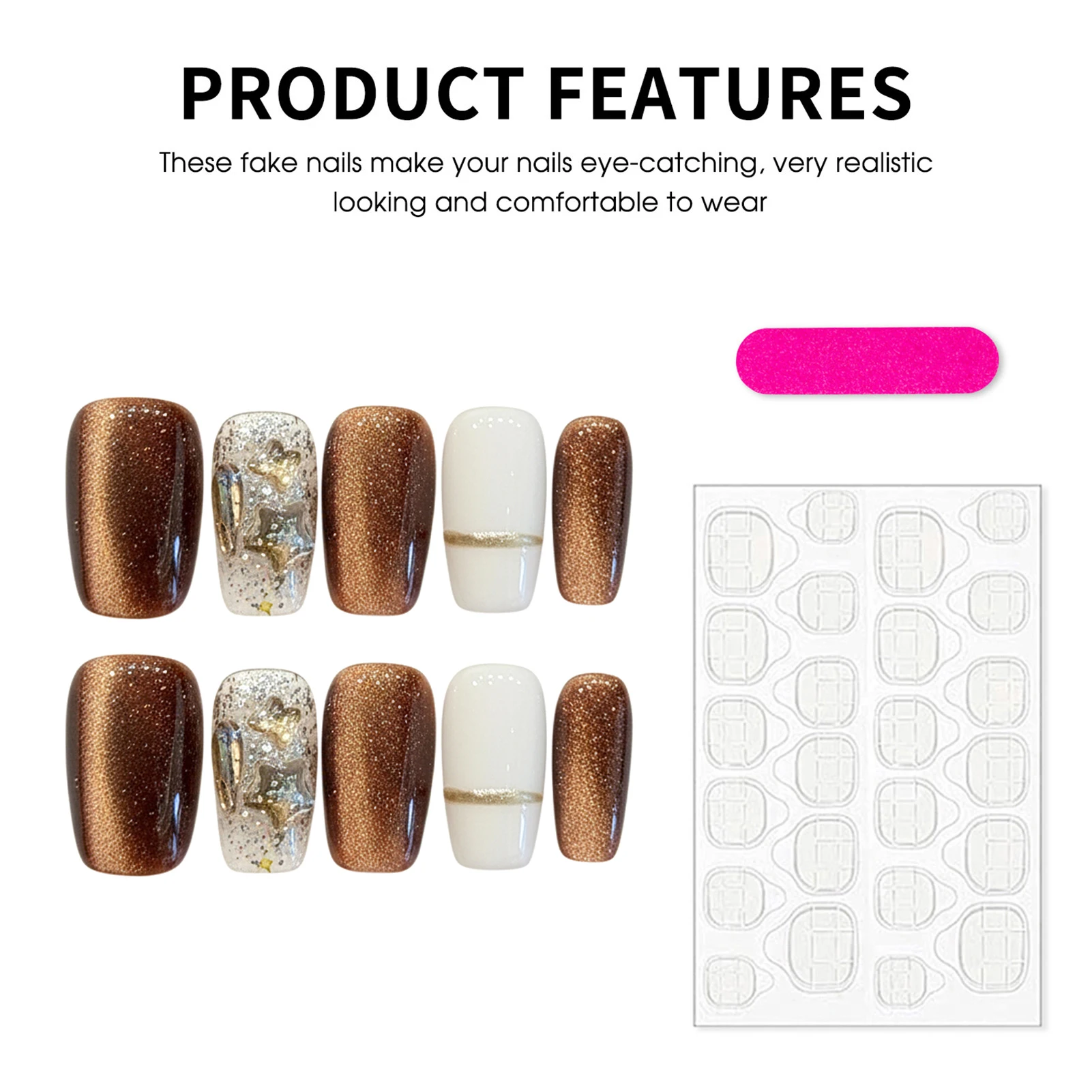 10 個手作り付け爪ブラウンゴールドグリッタースターラインストーン装飾プレスオンネイル高級付け爪パーティー写真撮影用デイリー