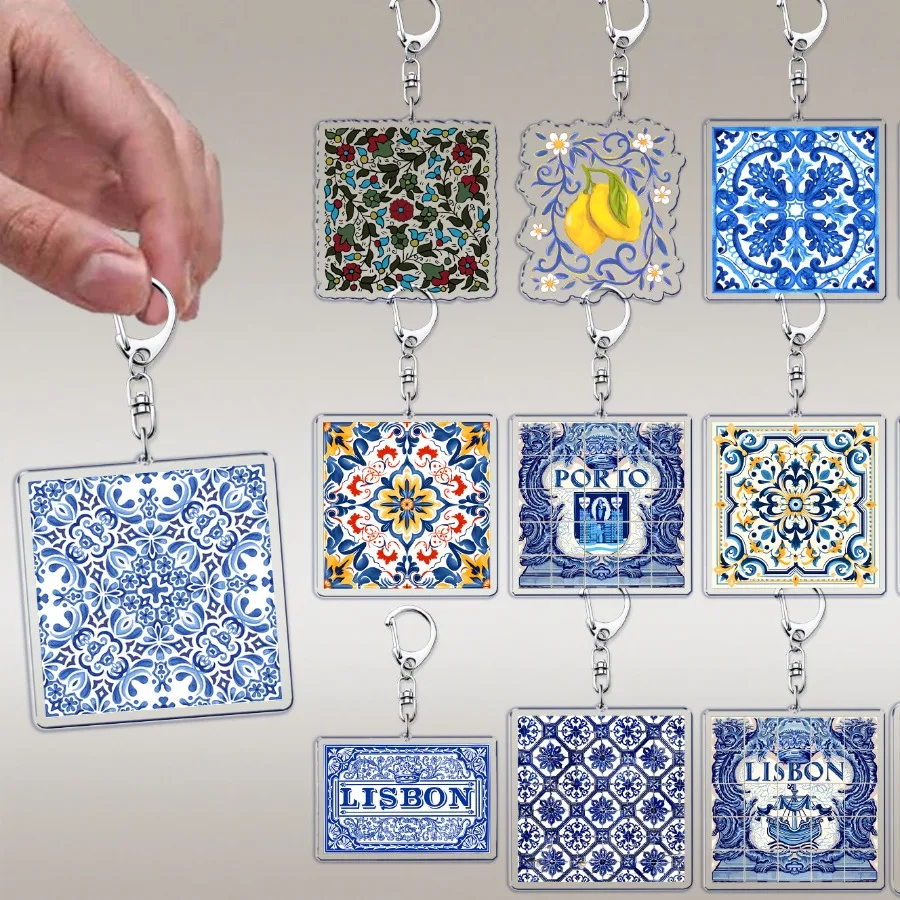 Abstract Portugal Ceramic Tile Patterns Keychains for Accessories Geometric Mediterranean Jewelry Keyrings Charm Friends Gifts