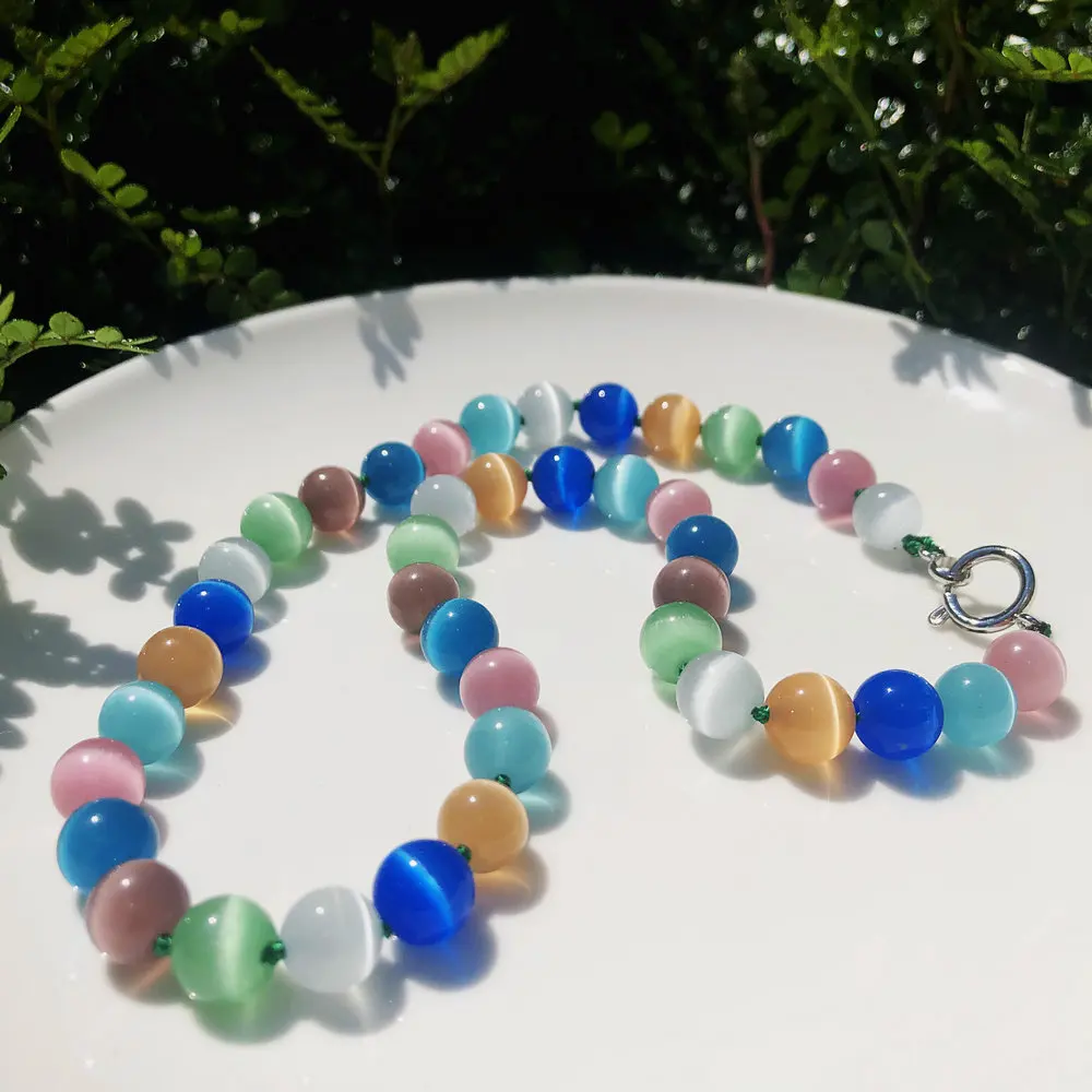 

Summer Beach Colorful Glass Cat's Eye Necklace For Women Handwork Beaded Chain Unique Glazed Crystal Collar Chain jewelry Gift