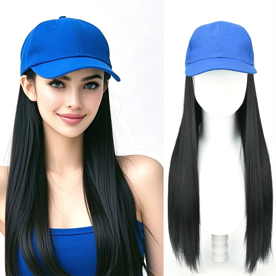 BeautyEnter Synthetic Hat Wigs Blue Cap Long Straight Hair Wigs All-in-one Hat Wigs Are Suitable For Daily Gatherings