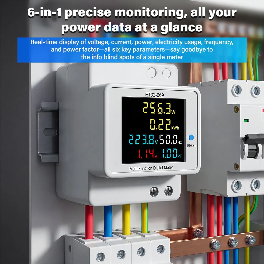 ET32-669 Digital Multi Function Single-Phase Energy Meter DIN-Rail Mounted Voltage/Current Power Meter Frequency Factor Tester