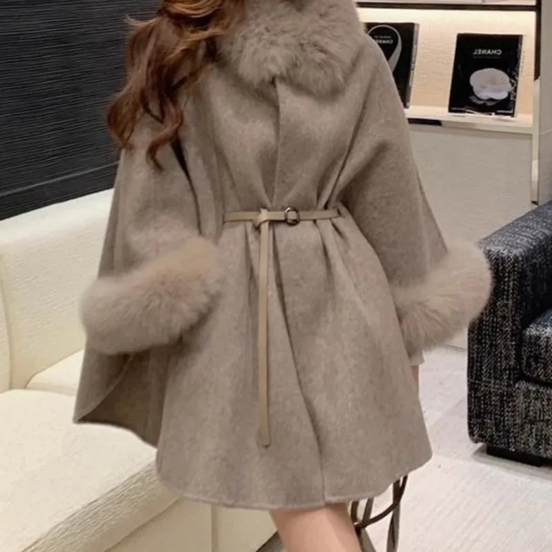 EAEOVNI 가을 겨울 신상 울 재킷 여성 패션 퍼 스플라이스 디자인 벨트 허리 조임 루즈 코트 우아한 2025 의류