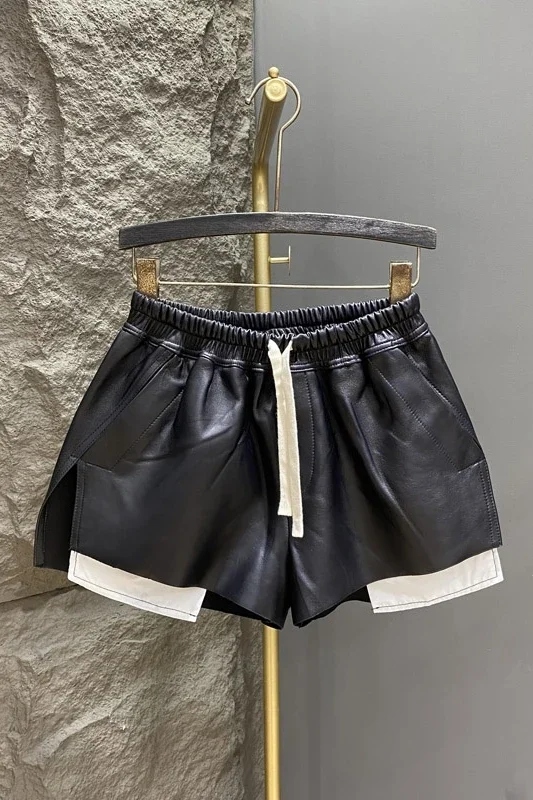 Spring Autumn Fashion Black White Color Matching Drawstring PU Leather Shorts Women\'s Loose Casual Elegant Split Wide-Leg Pants