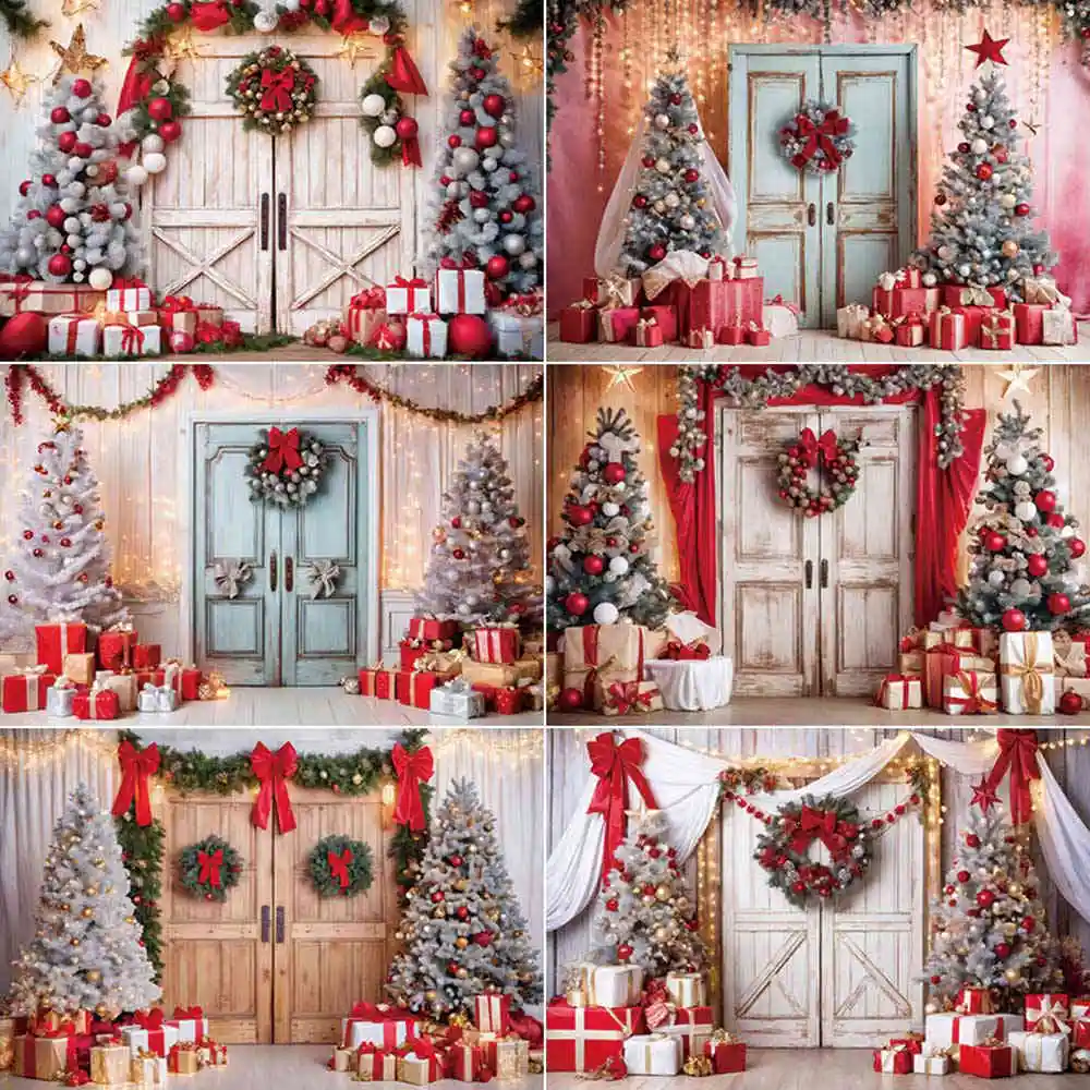 

MOON.QG Christmas Photography Backdrops Gifts Tree Wooden Door Decoration Baby Photozone Backgrounds Studio Photobooth Props