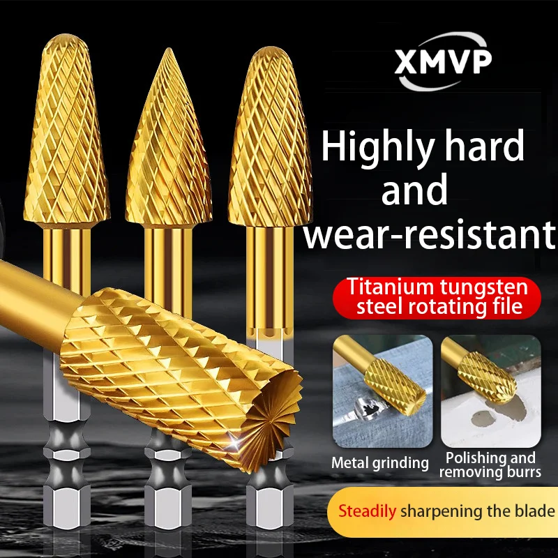 Titanium-plated tungsten steel grinding head with hexagonal handle, carbide rotary file for metal and stainless steel inner hole