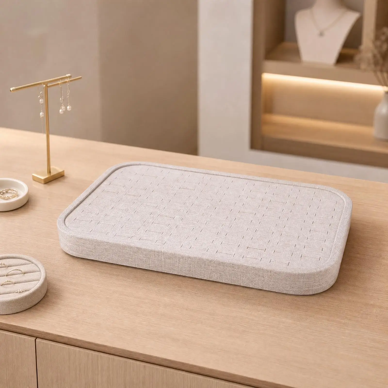 Soft Linen Jewelry Display Tray with Raised Trim Flat Surface Organizer for Rings Earrings Necklaces Storage for Shop Counter