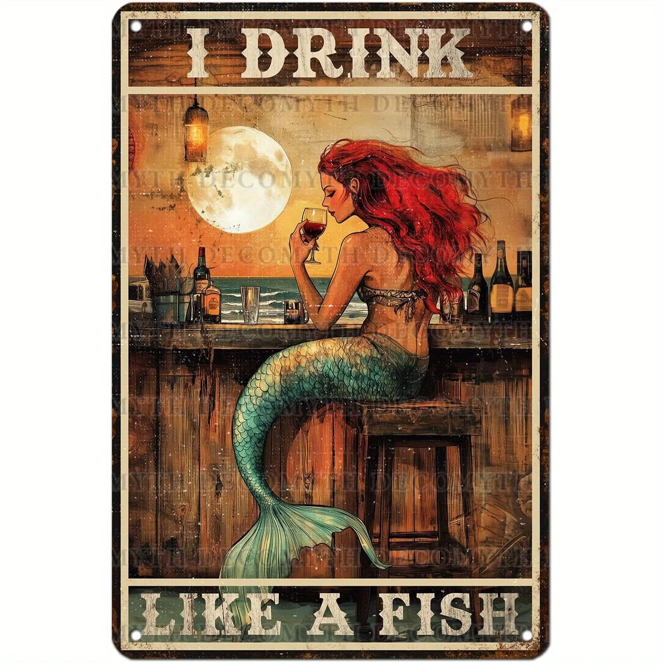 Vintage-Meerjungfrau-Poster „I Drink Like A Fish“ aus Metall – lustiges rothaariges Meerjungfrau-Bar-Dekor – Retro-Pub, Küche, für Männerhöhle, Bad
