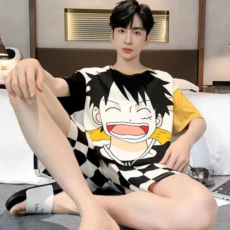 Fashion Young Man Pajamas Set Japan Style Cartoon Print Cool Pijama Summer Roomwear Home Clothes for Students Round Neck Nighty