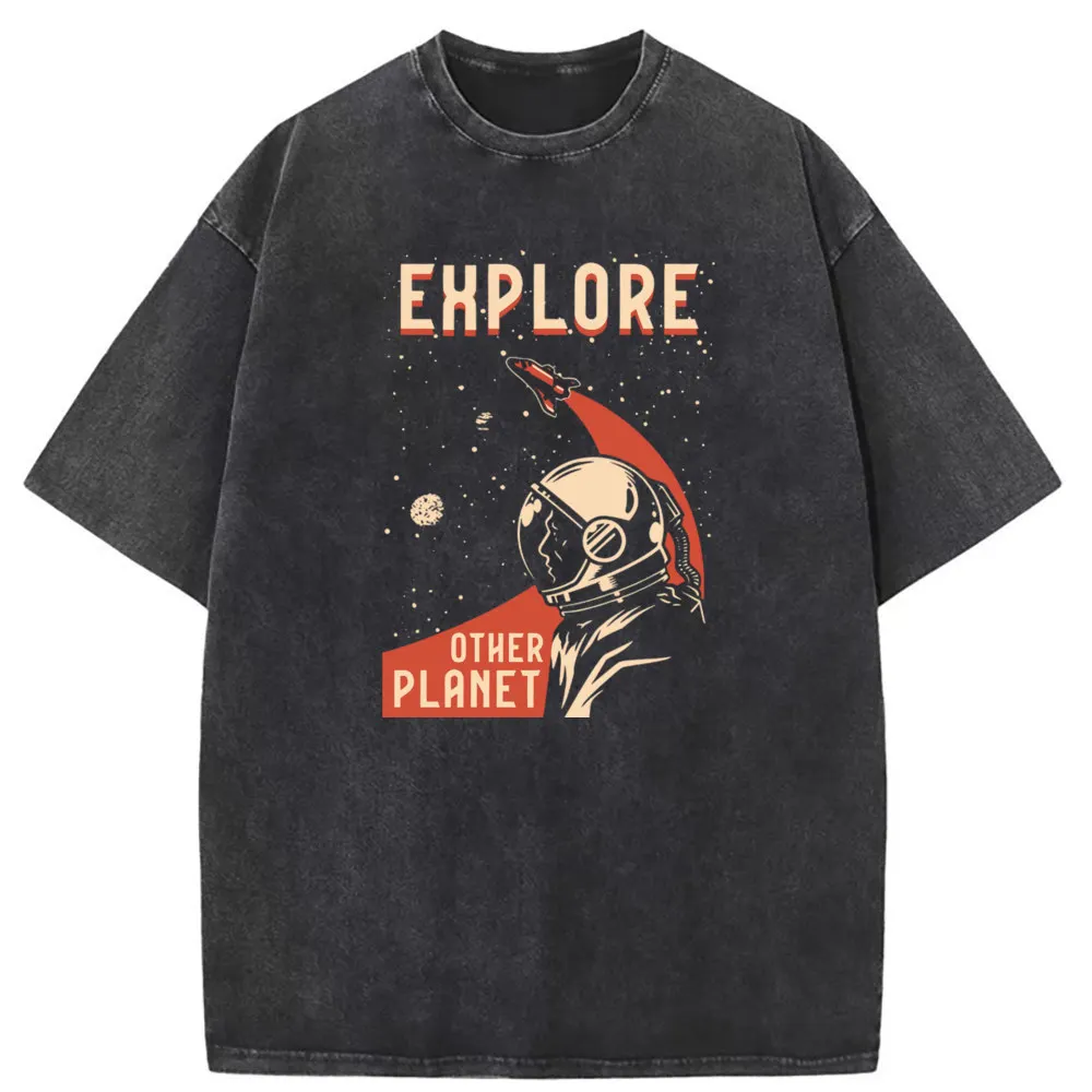 Explore Other Planet Retro Tshirt Mars Astronaut Newest Washed Tshirt Spaceman Personalized Long Sleeve Tee Shirt for Men New