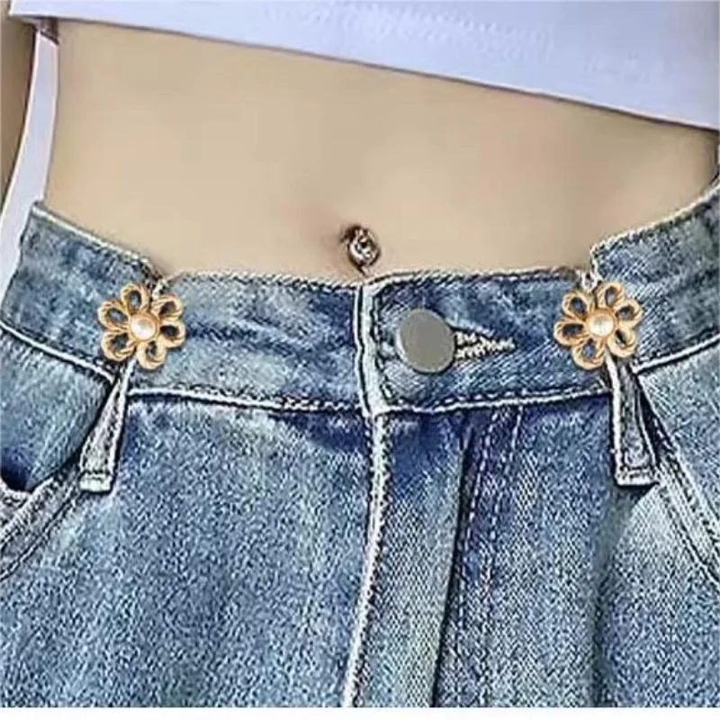 2set Reusable Metal Buttons Pearl Flower Snap Fastener Pants Pin Retractable Button Sewing-on Buckles for Jeans Fit Reduce Waist