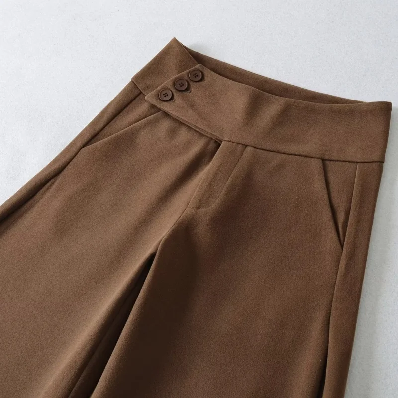 กางเกงขายาวเอวสูงทรงขากว้าง กระดุมสองเม็ด ผ้าพลิ้ว สไตล์ลำลอง ใส่ทำงาน ช่วยพรางหุ่น วินเทจ แฟชั่นผู้หญิง สำหรับฤดูใบไม้ร่วงและฤดูหนาว