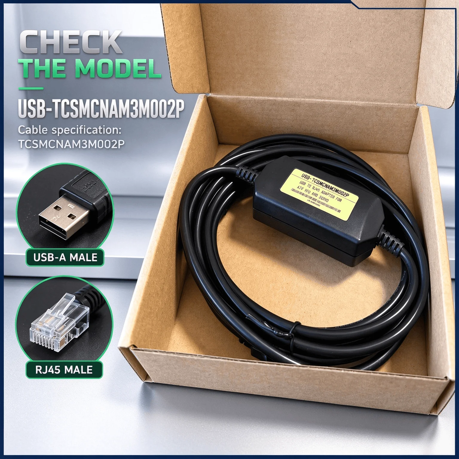 SoMove Setup Cable USB-TCSMCNAM3M002P for Schneider ATV VFD LXM Servo Drive, 3M USB RJ45, Diagnostic Tuning Cord