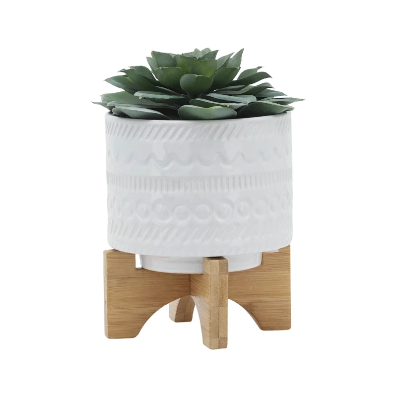 

Sturdy Wood Stand 5" Tribal Planter White Fits Small Potted Plants Great Indoor Home Decor Outdoor Patio Accent