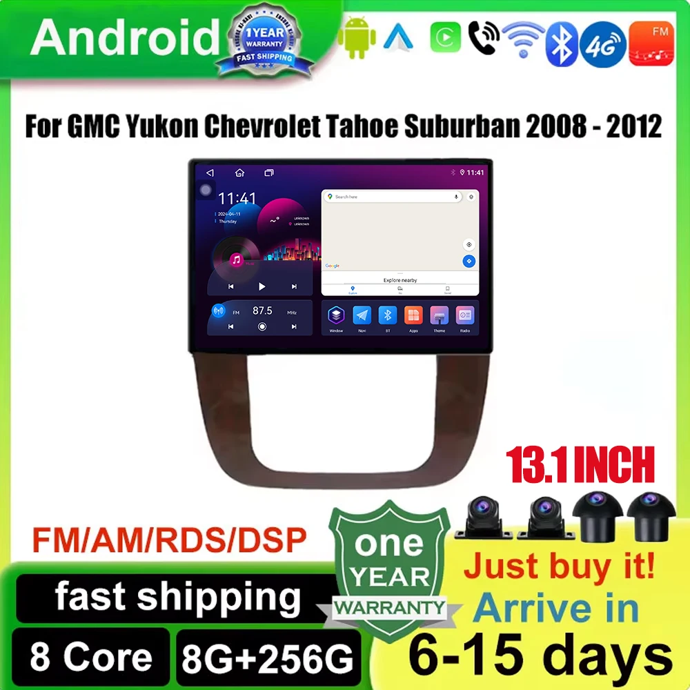 13.1Inch Screen Android 15 Car Radio For GMC Yukon Chevrolet Tahoe Suburban 2008 - 2012 GPS Navigation Wireless Carplay 4G WIFI