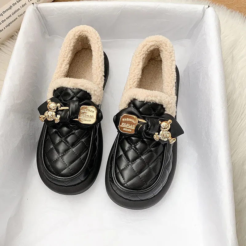 Loafers Fur Casual Woman Shoe Slip-on All-Match Round Toe Shallow Mouth Winter Slip On Comfortable New Moccasin Slip-On Rubber B