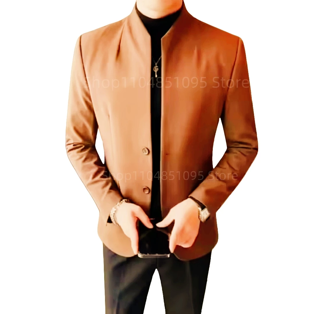 

New Style Men Suit Jackets Business Uniform Work Blazer No CollarS Tops Slim Fit Wedding Business Suit Coat For Men Only Jacket