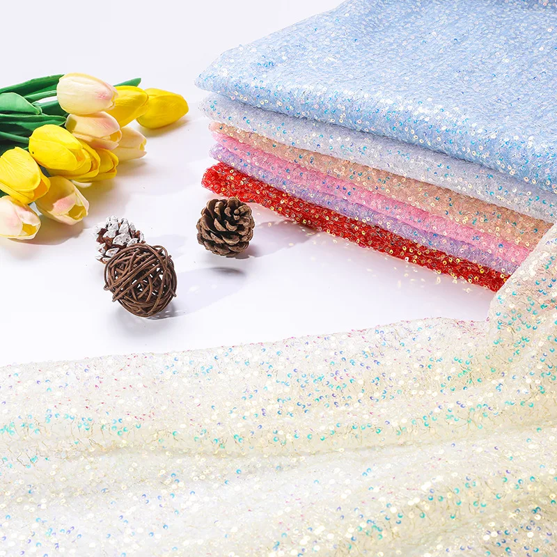 Evening Dresses Bow Decor Sequin Material Crushed Sequin Glitter Mesh Silver Yarn Base Cloth Stage Costumes Sparkle Fabric