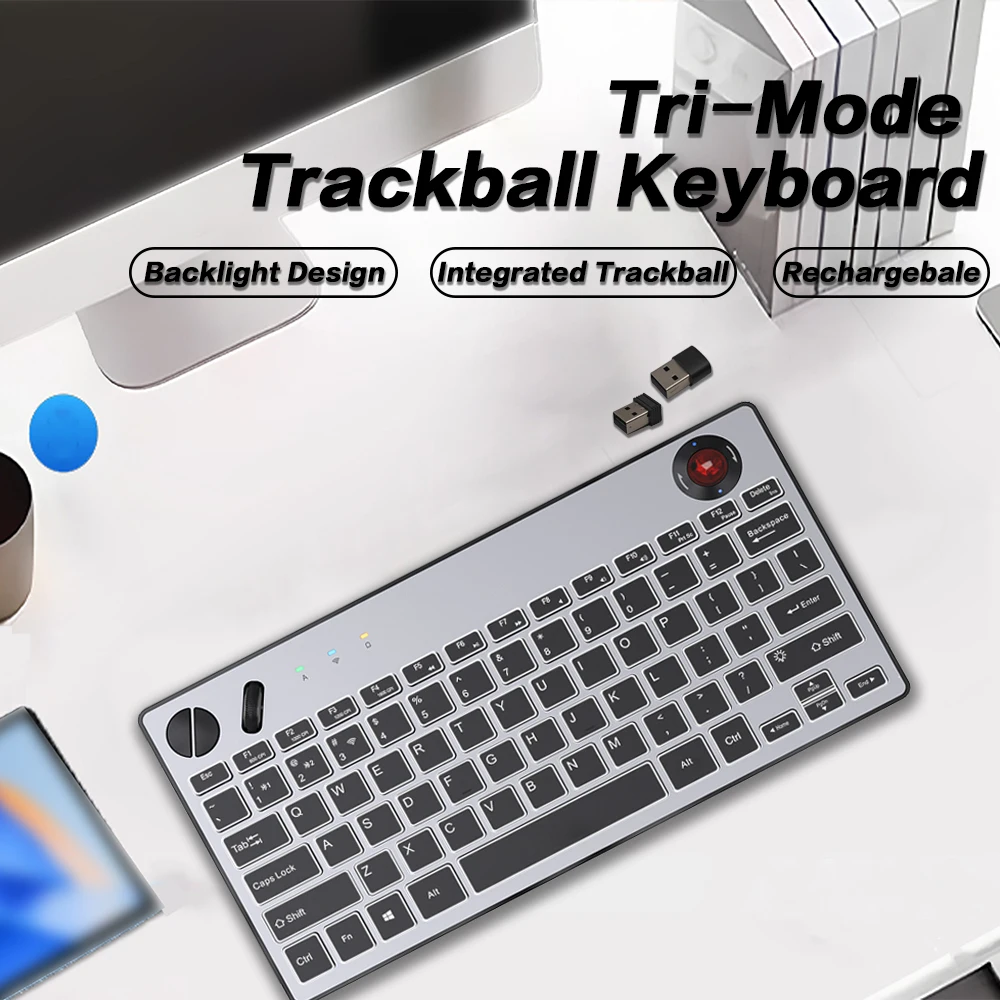 

Rechargeable Bluetooth Tri-Mode Trackball Keyboard for PC/Laptop/Tablet,Portable Travel Keypad with 1600DPI&White Backlit-Grey
