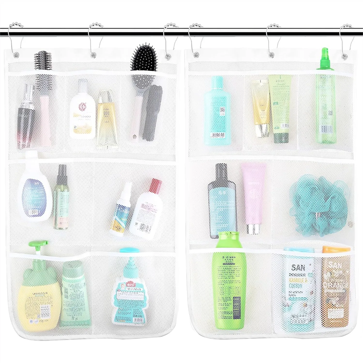 

Mesh Shower Caddy Hanging, 7 Pockets Quick-Dry Bathroom Organizer for Soap, Loofah, Shampoo, 17x26 Inch, White, 2 Pack