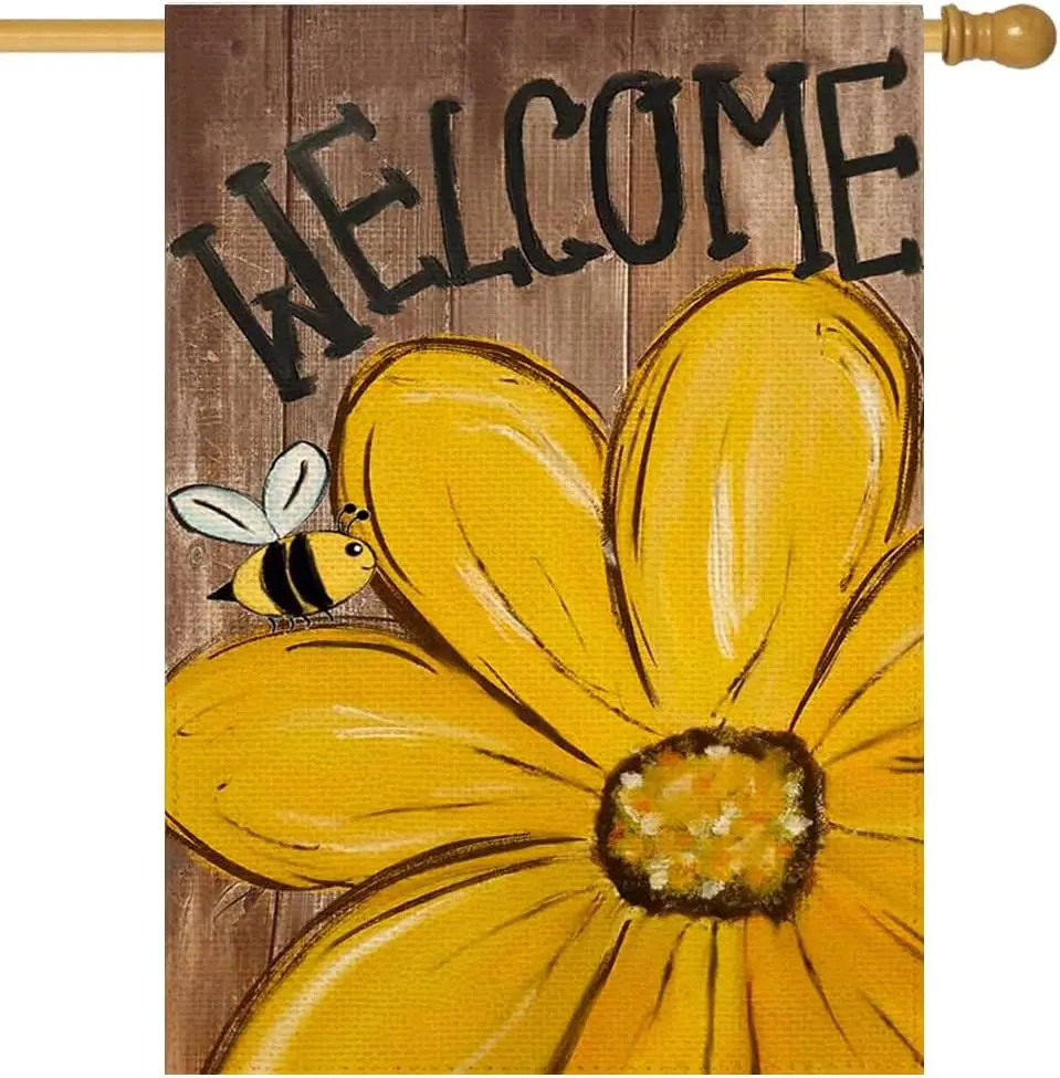 RABUSOFA Welcome Sunflower Summer House Flag 28x40 Inch Double Sided for Outside, Bee Floral Rustic Seasonal Large Garden Flag O