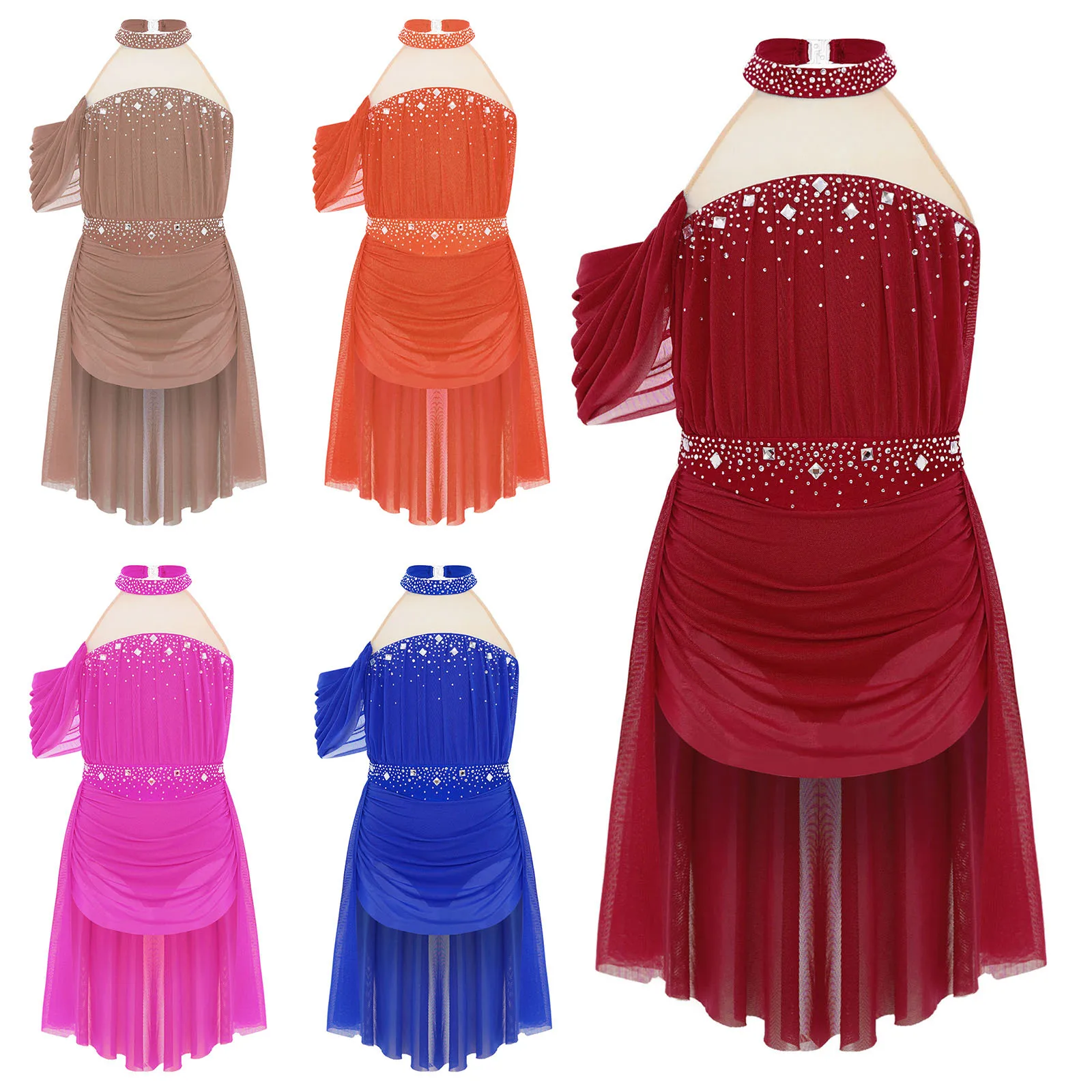 Costume da spettacolo di danza da sala per balletto lirico per ragazze Body lucido senza schienale con scollo all'americana per bambini Abito da ballo di scena